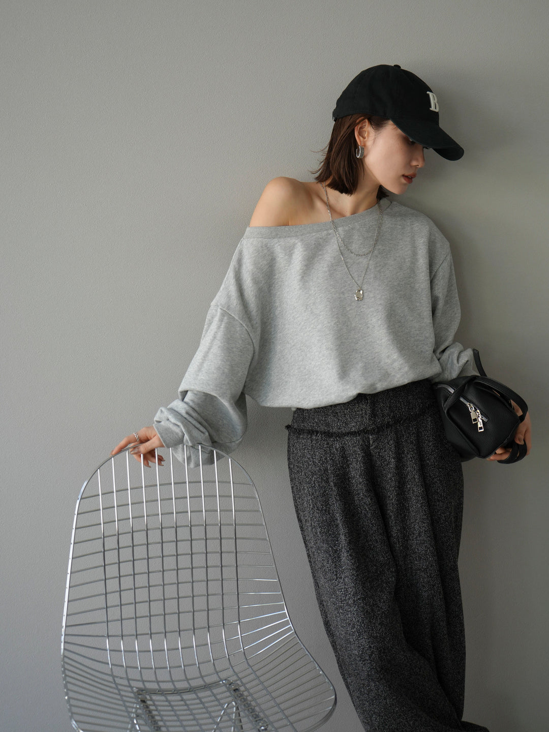 [予約]オフショルスウェットプルオーバー/杢グレー