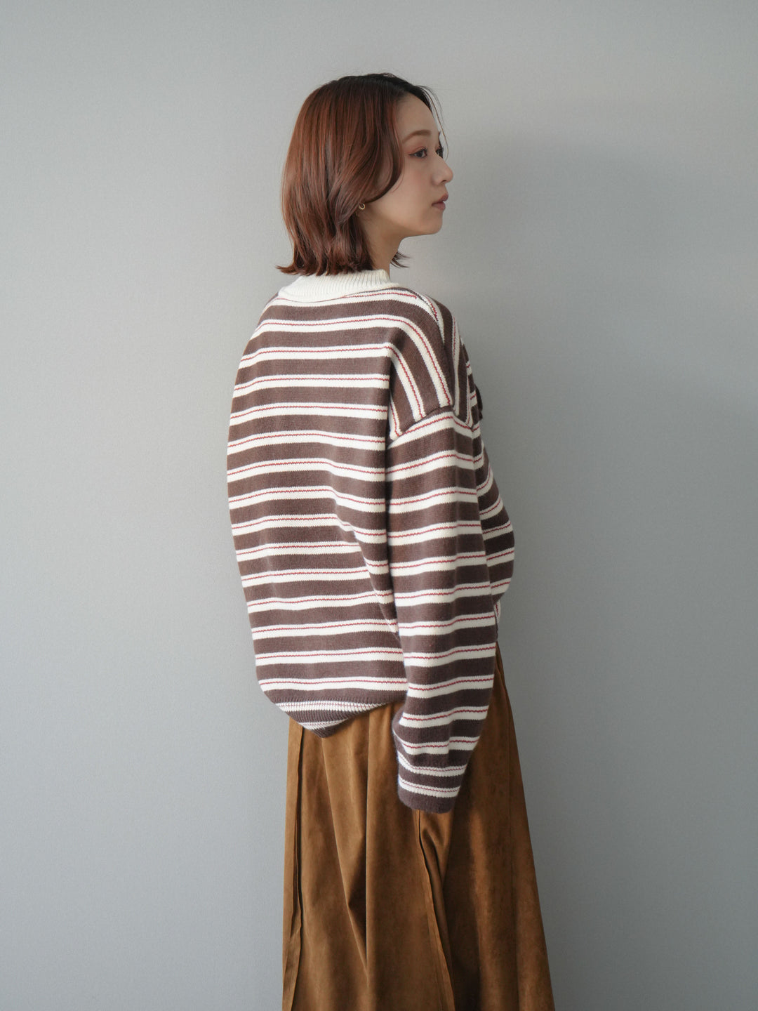 [予約]モックネックボーダーニットプルオーバー/brown