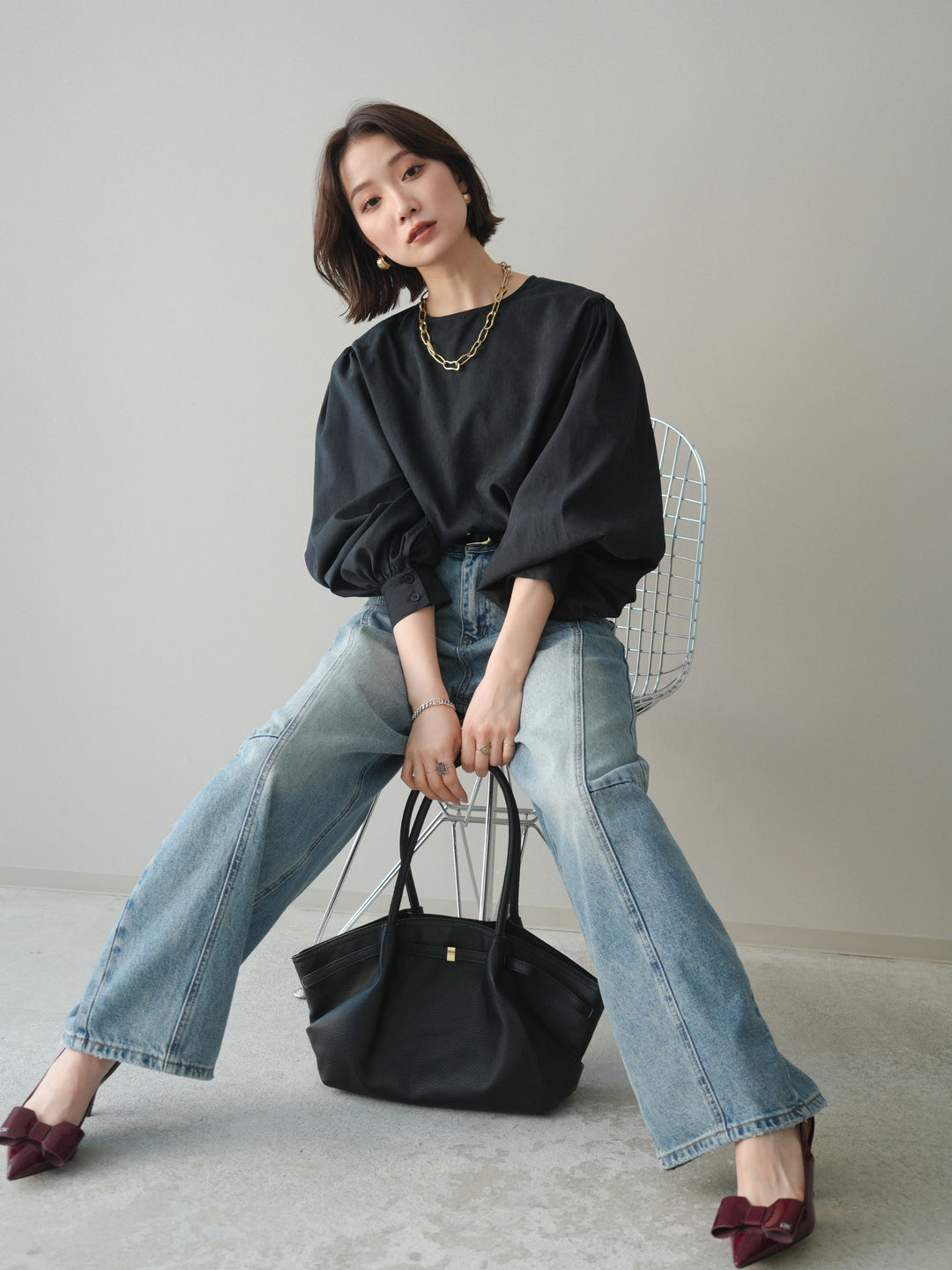 [予約]2WAYピーチスキンボリュームスリーブブラウス/black