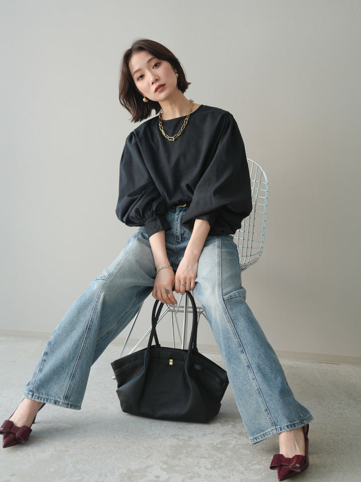 [予約]2WAYピーチスキンボリュームスリーブブラウス/black