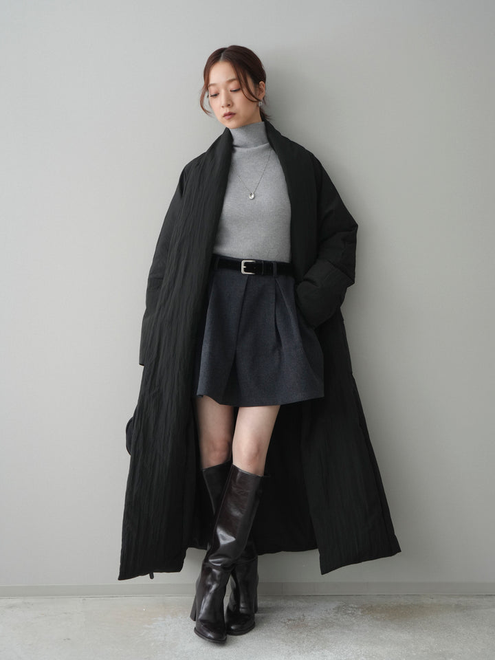 [SET]ロングダウンコート+袖ボタンボトルネックリブニットトップス+ベルト付きタックミニスカート(3set)