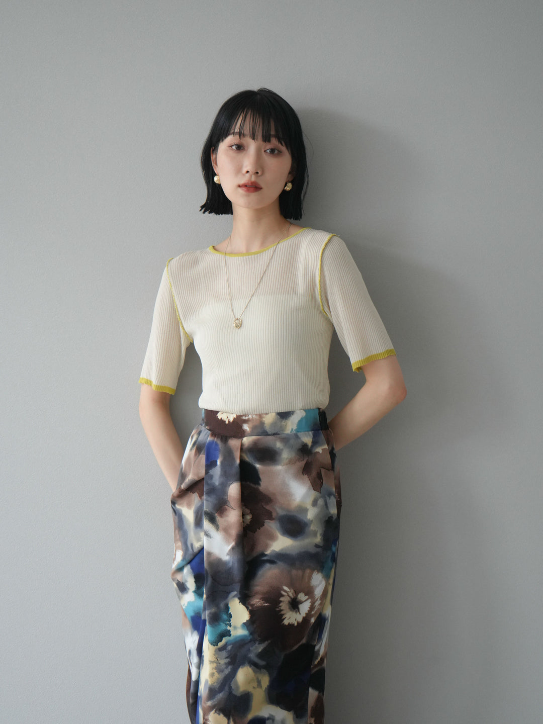 [予約]麻タッチ配色ニットハーフスリーブトップス/アイボリー