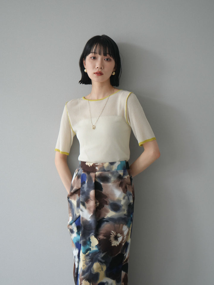 [予約]麻タッチ配色ニットハーフスリーブトップス/アイボリー