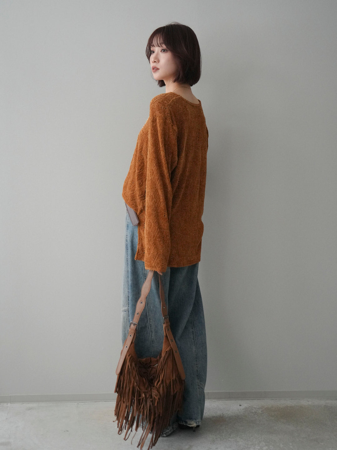 [SET]モール透かし編みニットトップス+ベルト付カーブデニムパンツ(2set)