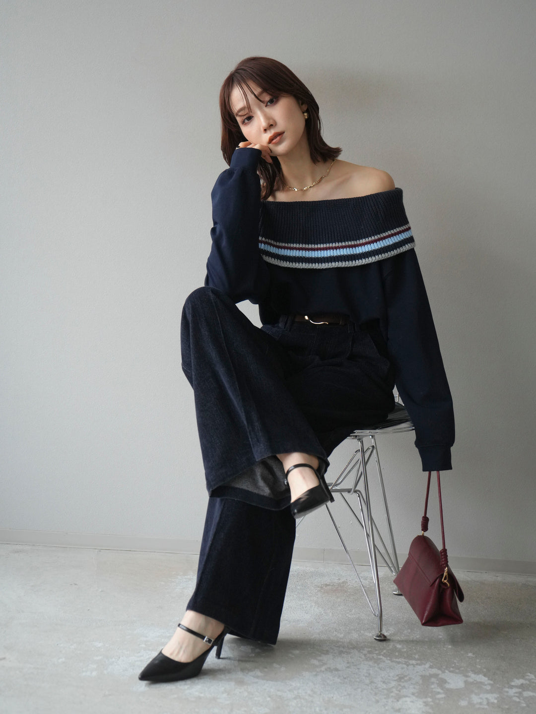 [予約]ボーダーニットオフショルダーxスウェットプルオーバー/navy