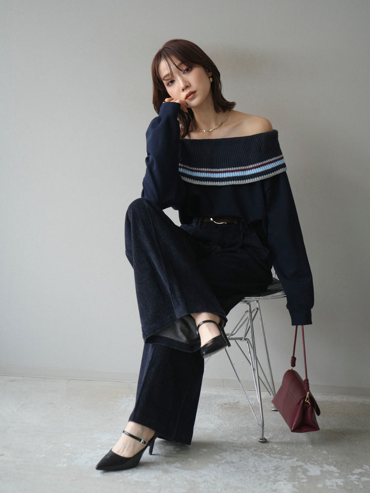 [予約]ボーダーニットオフショルダーxスウェットプルオーバー/navy