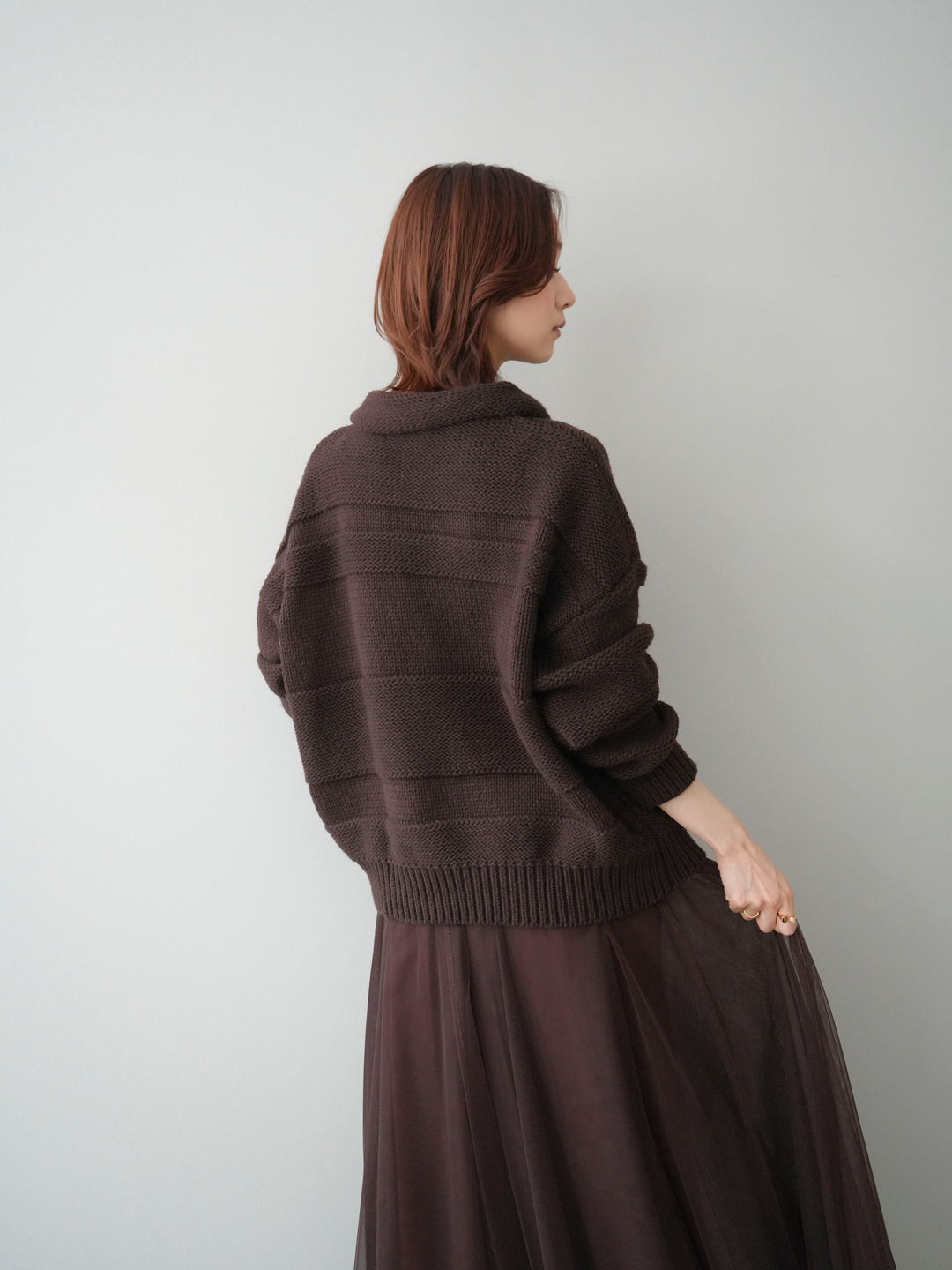 [SET]襟付きボーダー編みニットプルオーバー+チュールボリュームスカート(2set)