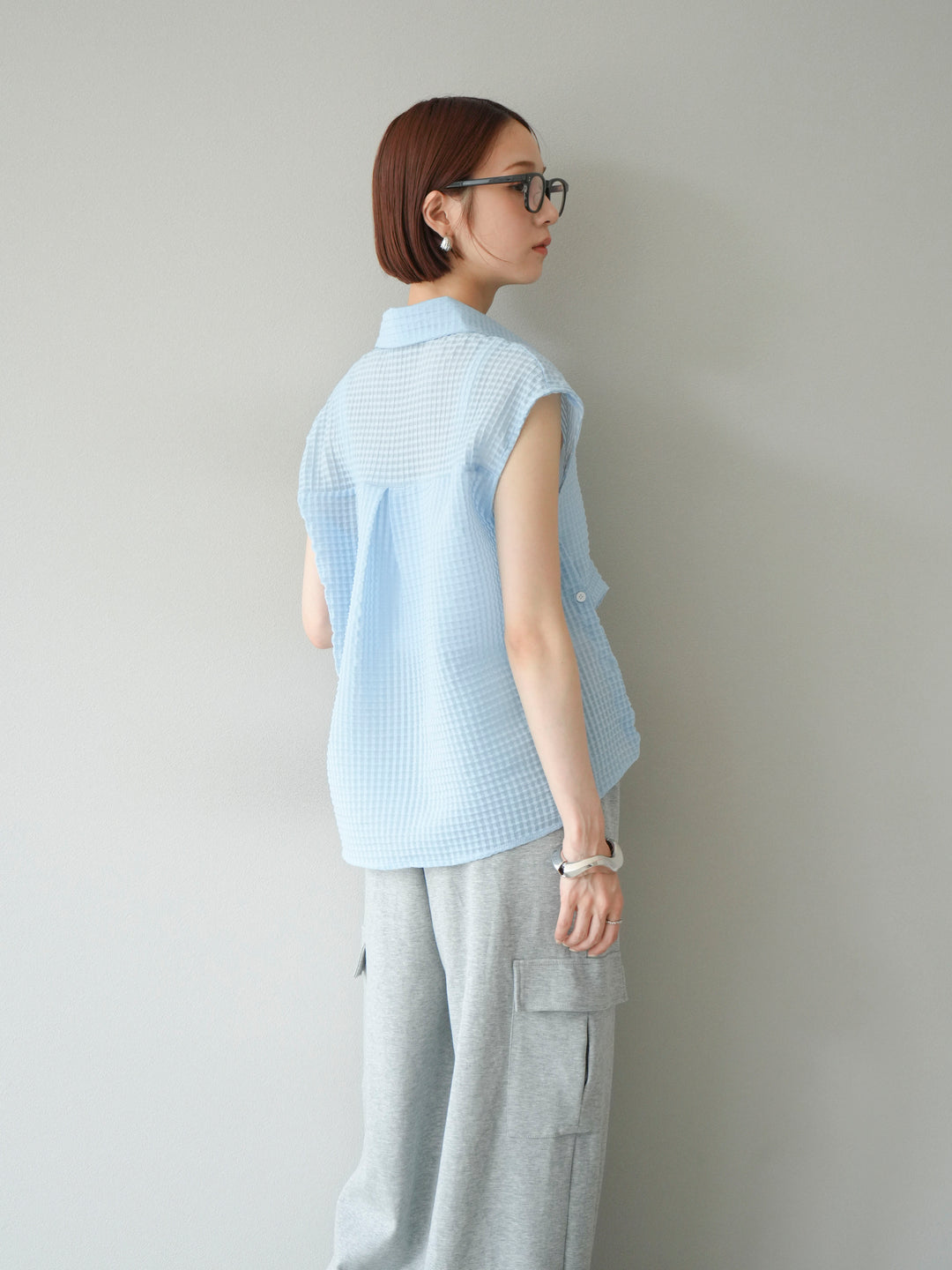 [SET]シアーチェックノースリーブシャツ+ウエストラインサイドポケットスウェットパンツ(2set)