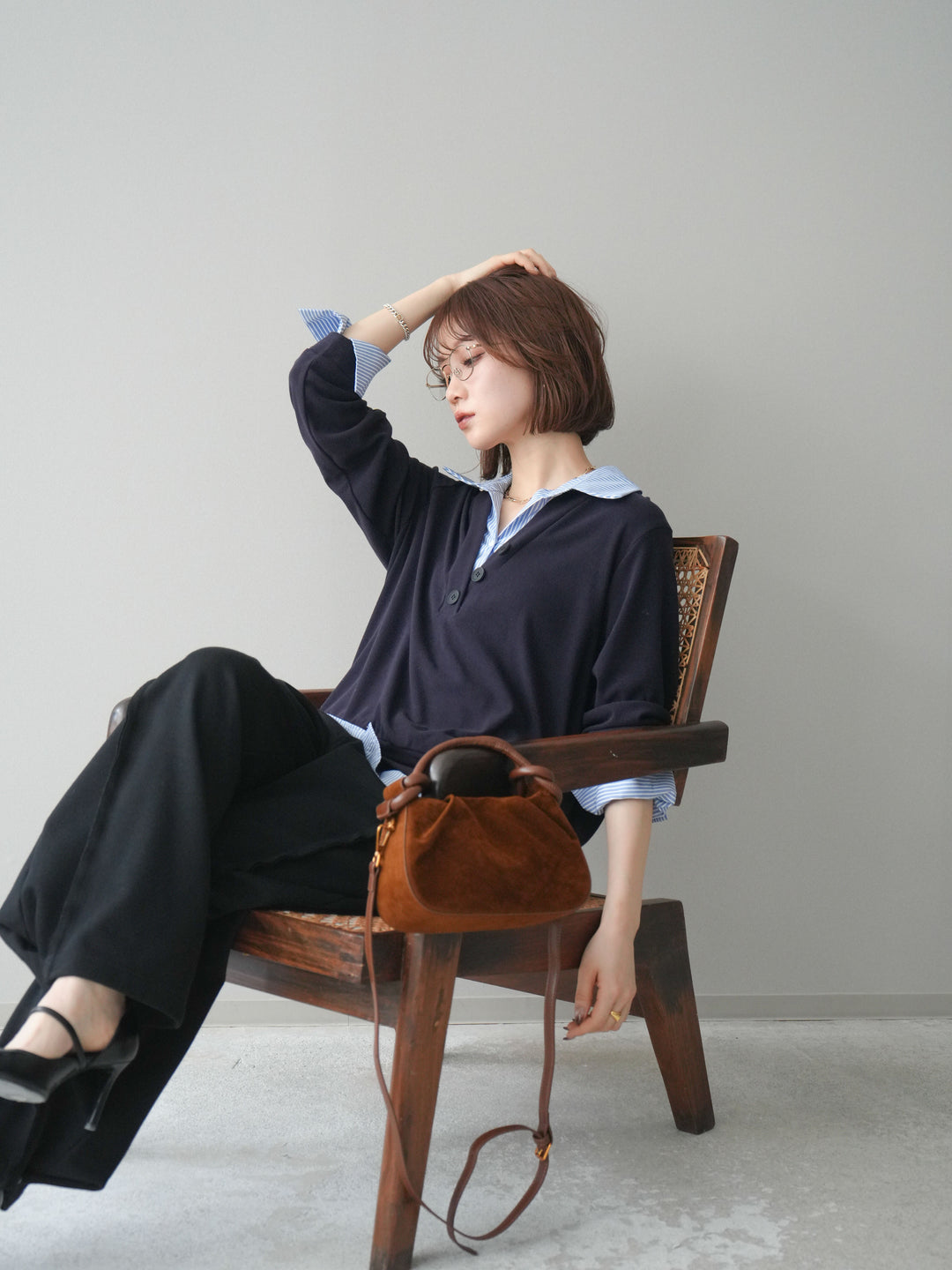 [予約]シャツレイヤードデザインカットプルオーバー/navy