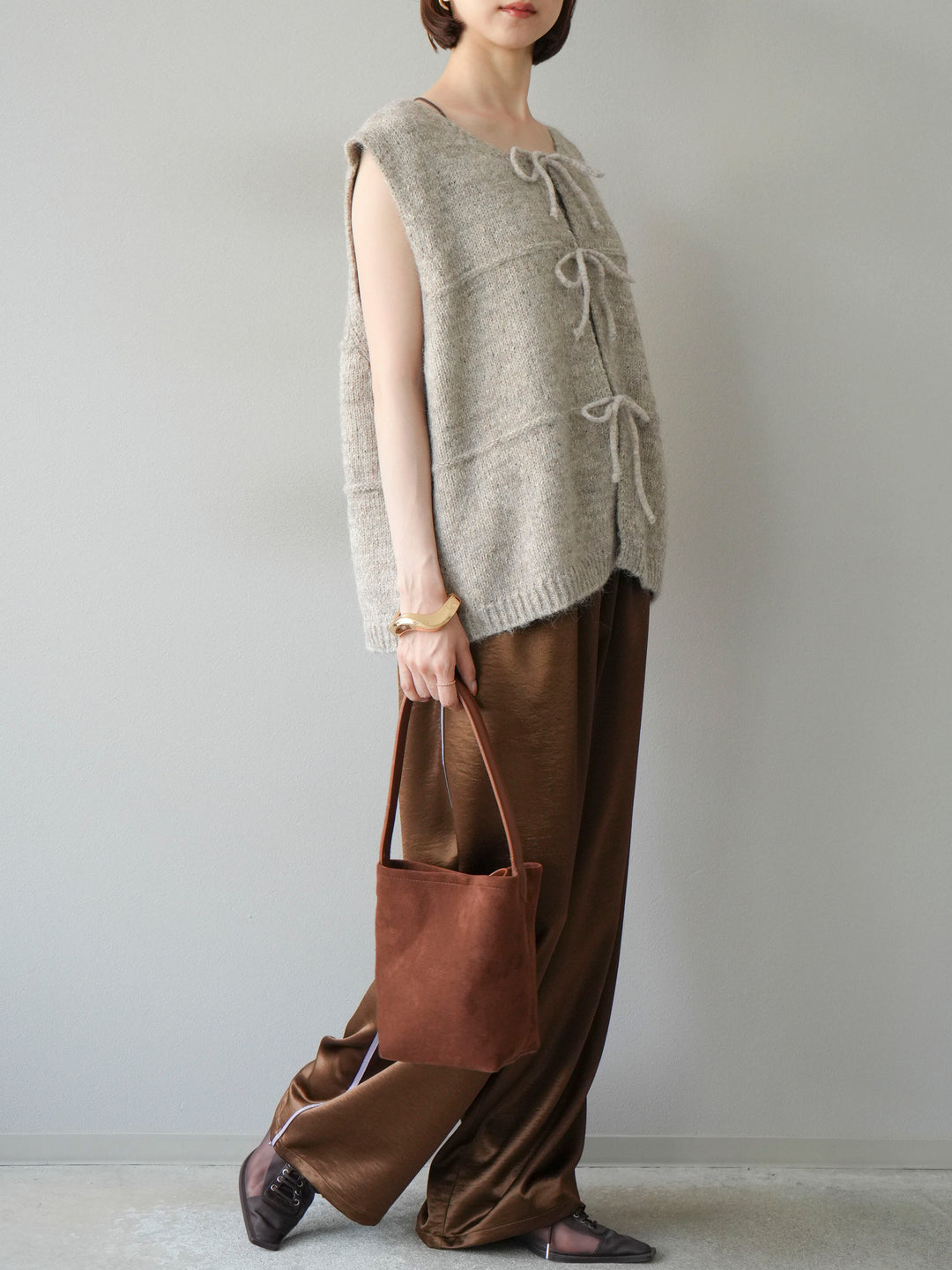 [予約]サテンラインワイドパンツ/ブラウン