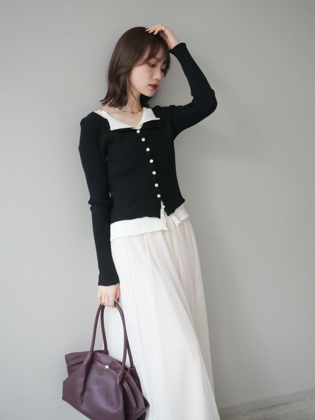 [予約]配色レイヤードリブニットカーディガン/black