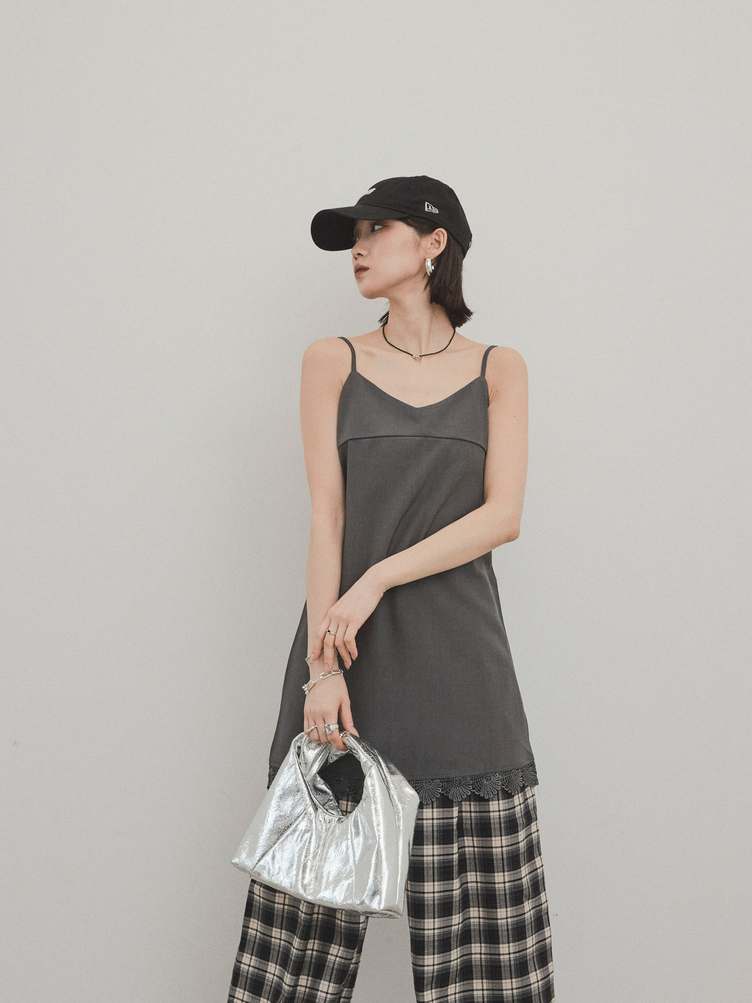 [予約]裾レース切替キャミミニワンピース/グレー