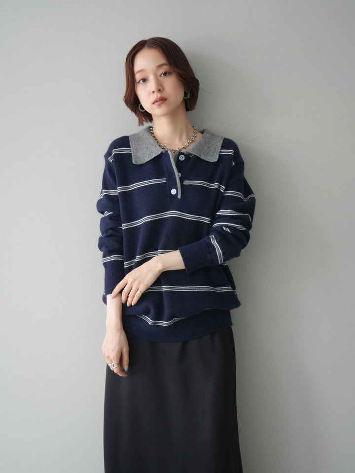 [予約]バイカラーボーダーポロニットプルオーバー/navy