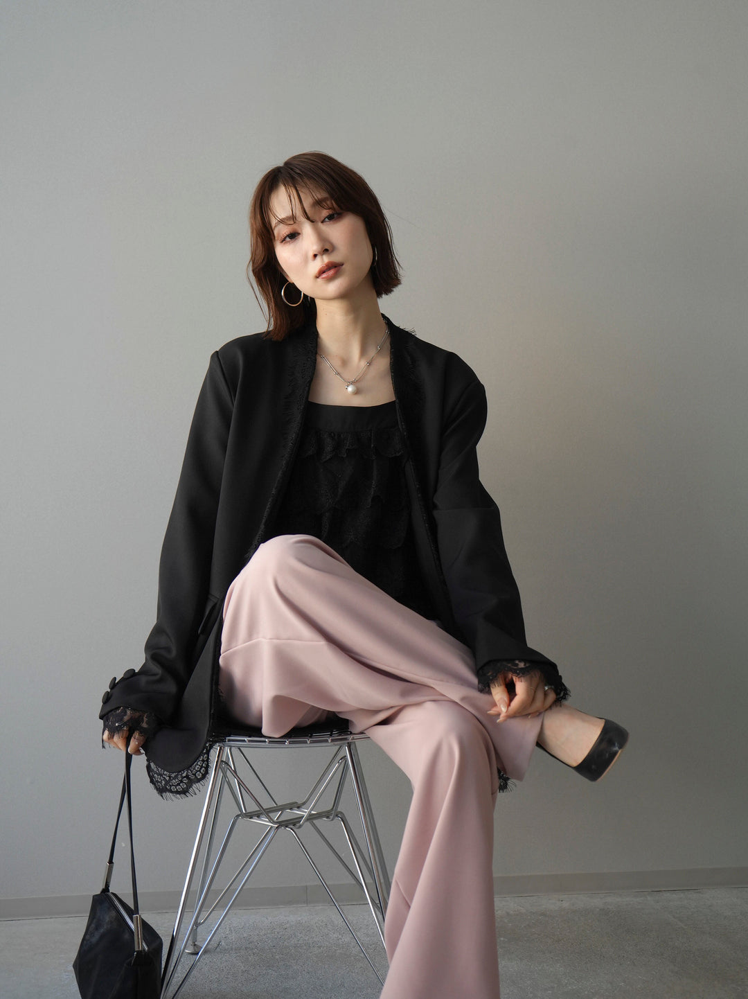 [SET]ノーカラーレースジャケット+ベルト付キーホルダーモチーフワイドパンツ(2set)