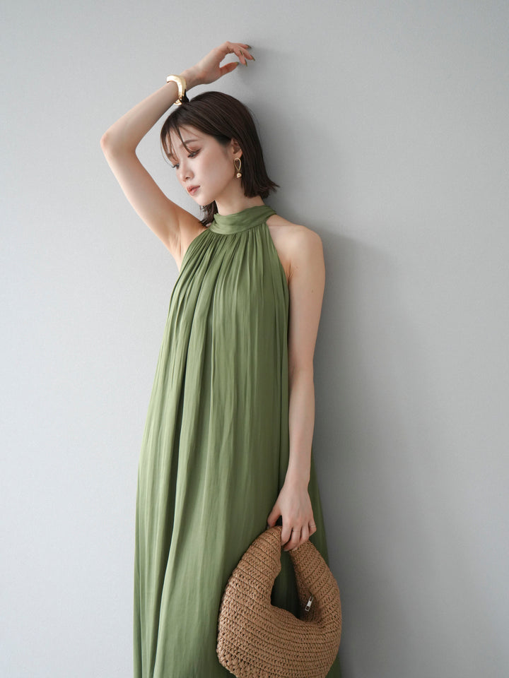 [予約]シャイニーホルターワンピース/グリーン