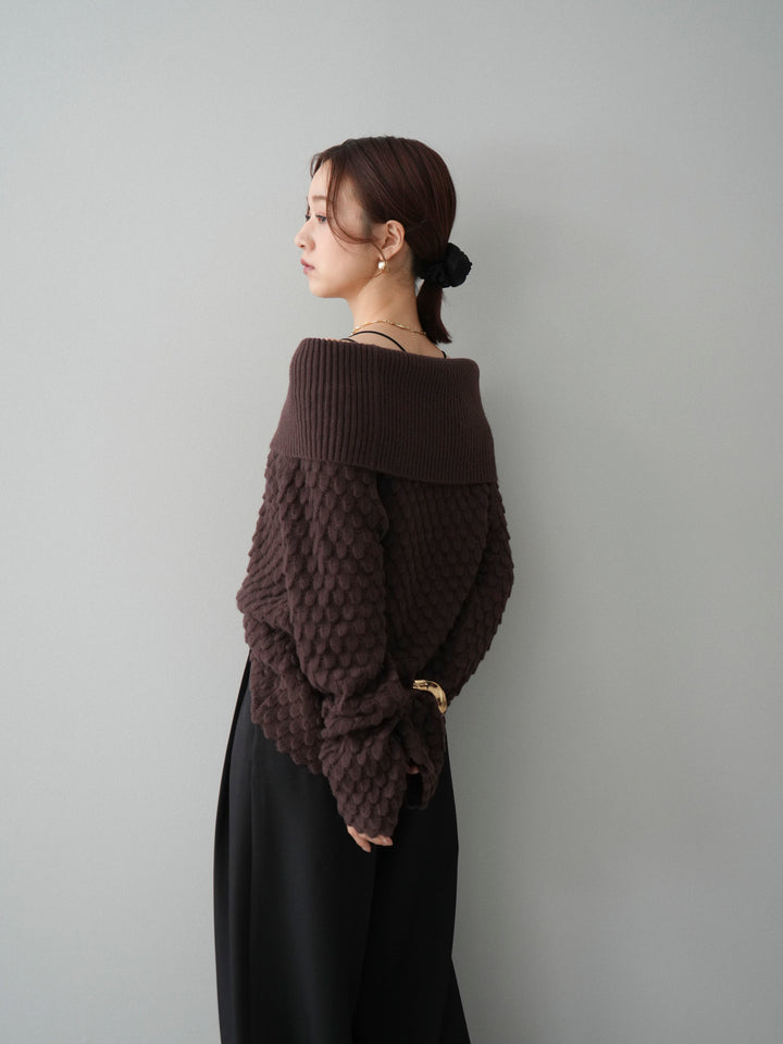 [SET]ポコポコ編みオフショルニットプルオーバー+ベルトループデザインワイドパンツ(2set)