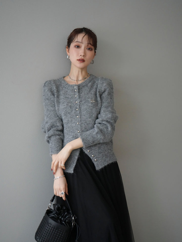 [予約]ブローチ付silverボタンミックスニットカーディガン/gray