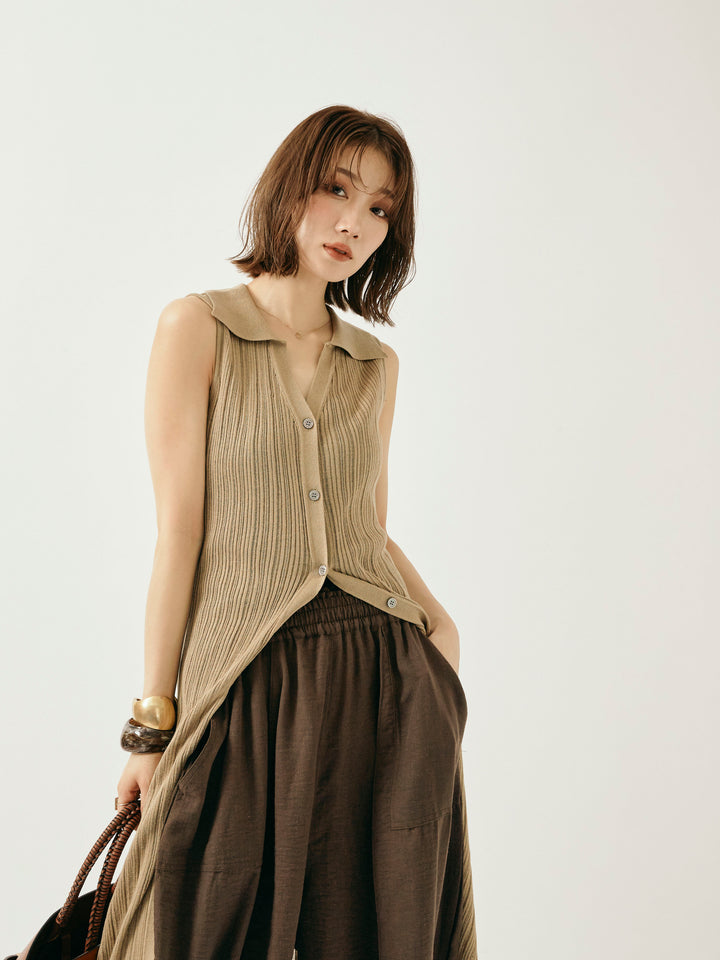 [予約]襟付きランダムリブロングニットカーディガン/ベージュ