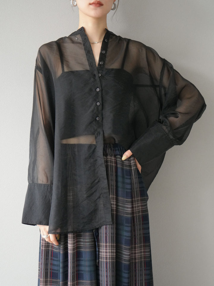 [予約]シャイニーシアーバンドカラーシャツ/ブラック