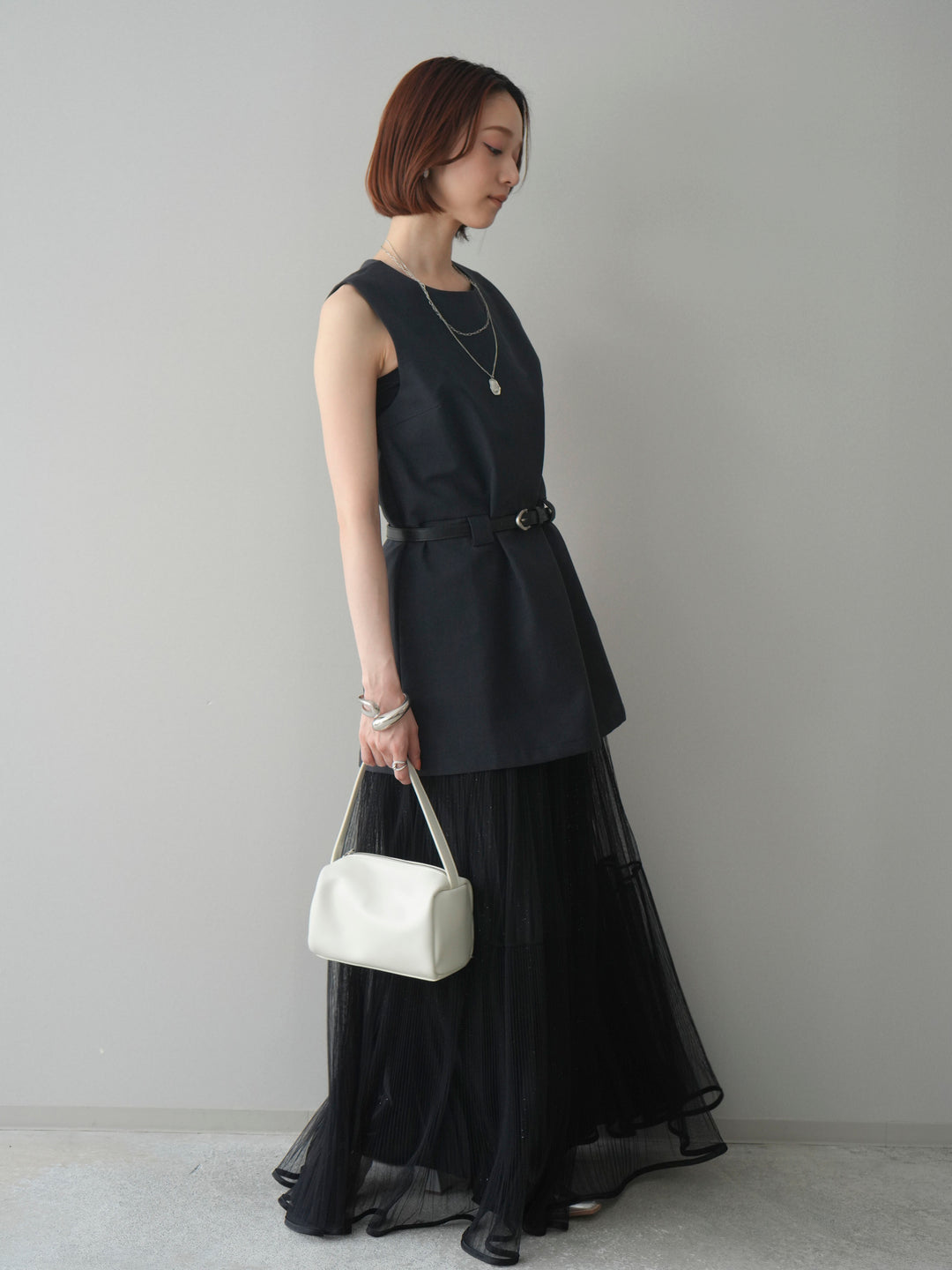 [SET]ベルト付リネンライクノースリチュニック+ラメプリーツレイヤードチュールロングスカート(2set)