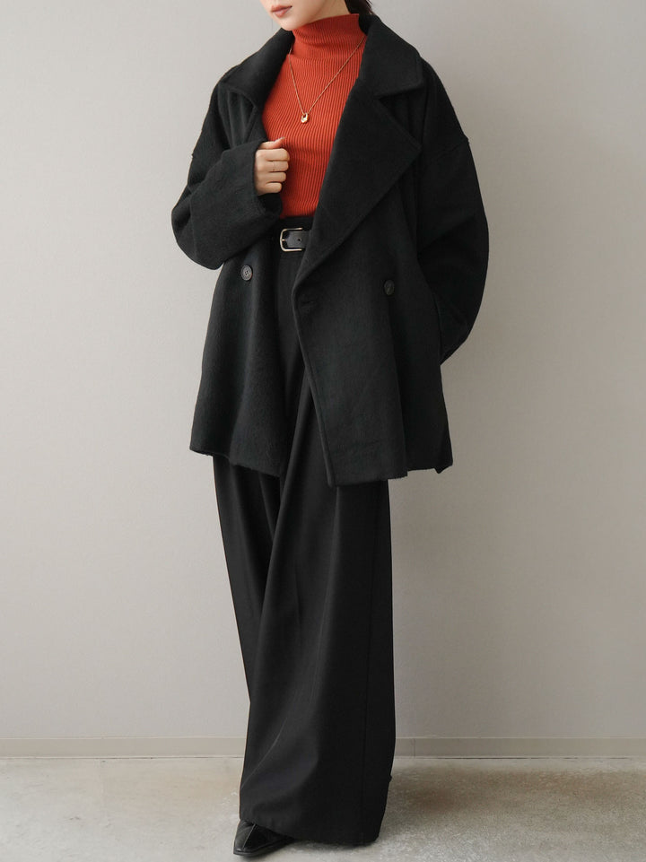[SET]フェイクビーバーミドルコート+袖ボタンハイネックリブニットトップス+ベルト付ウールタッチワイドパンツL(3set)