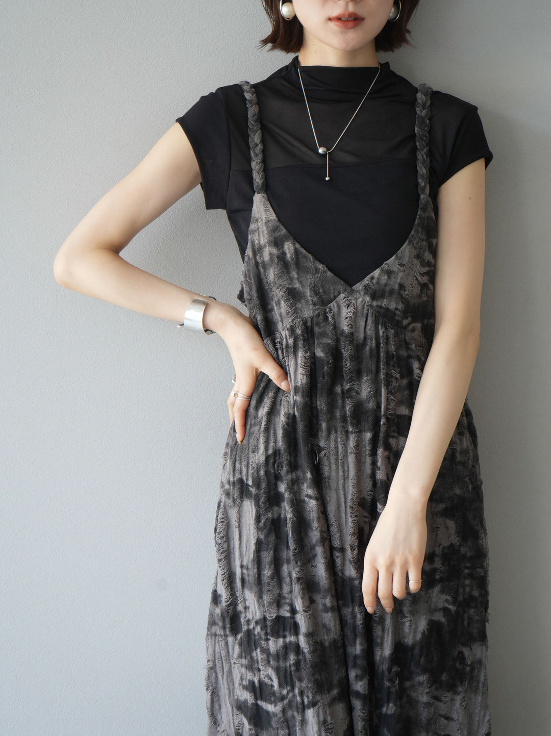 [SET] Damaged nuance pattern braided string camisole dress + selectable accessory set (2 sets)