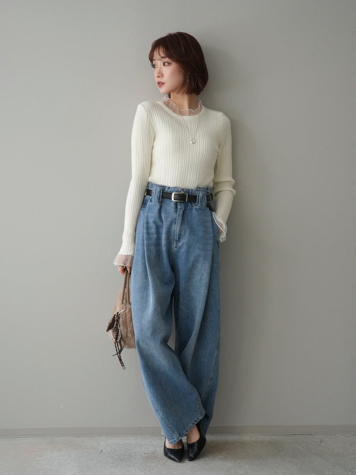 [SET]チュールドッキングリブニットトップス+ハイウエストベルトループデザインデニムパンツ(2set)