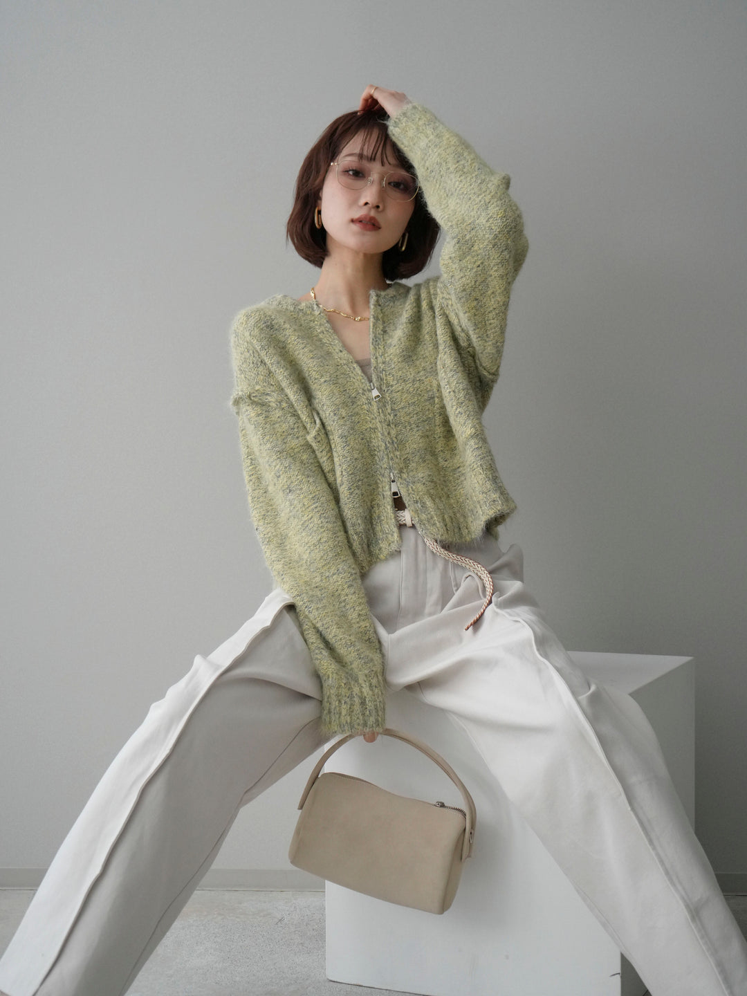 [予約]ミックスヤーンダブルZIPニットカーディガン/greenyellow