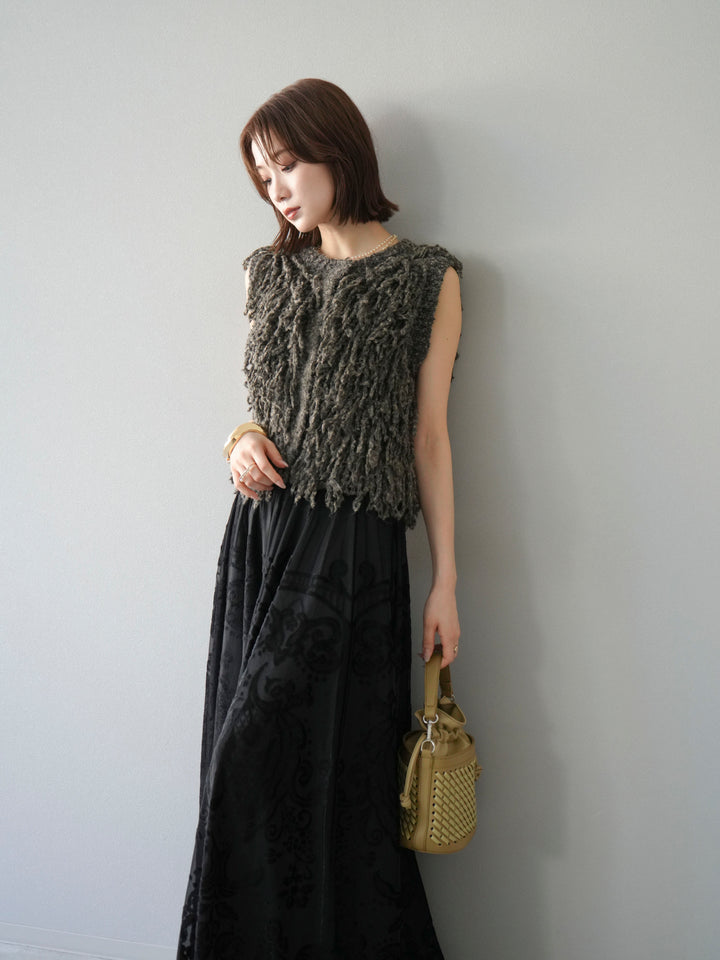 [SET]フリンジループニットベスト+アンティーク柄フロッキーマキシスカート(2set)