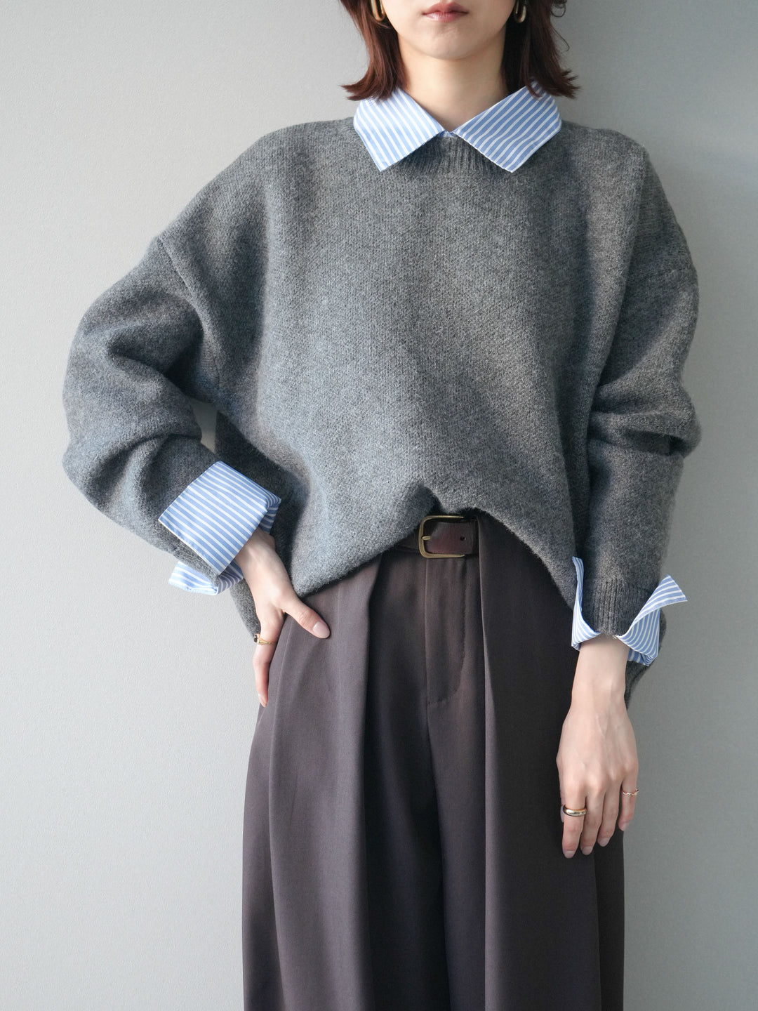 [SET]2WAYストライプ襟ニットプルオーバー+ベルトループデザインワイドパンツ(2set)