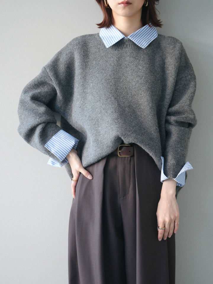 [SET]2WAYストライプ襟ニットプルオーバー+ベルトループデザインワイドパンツ(2set)