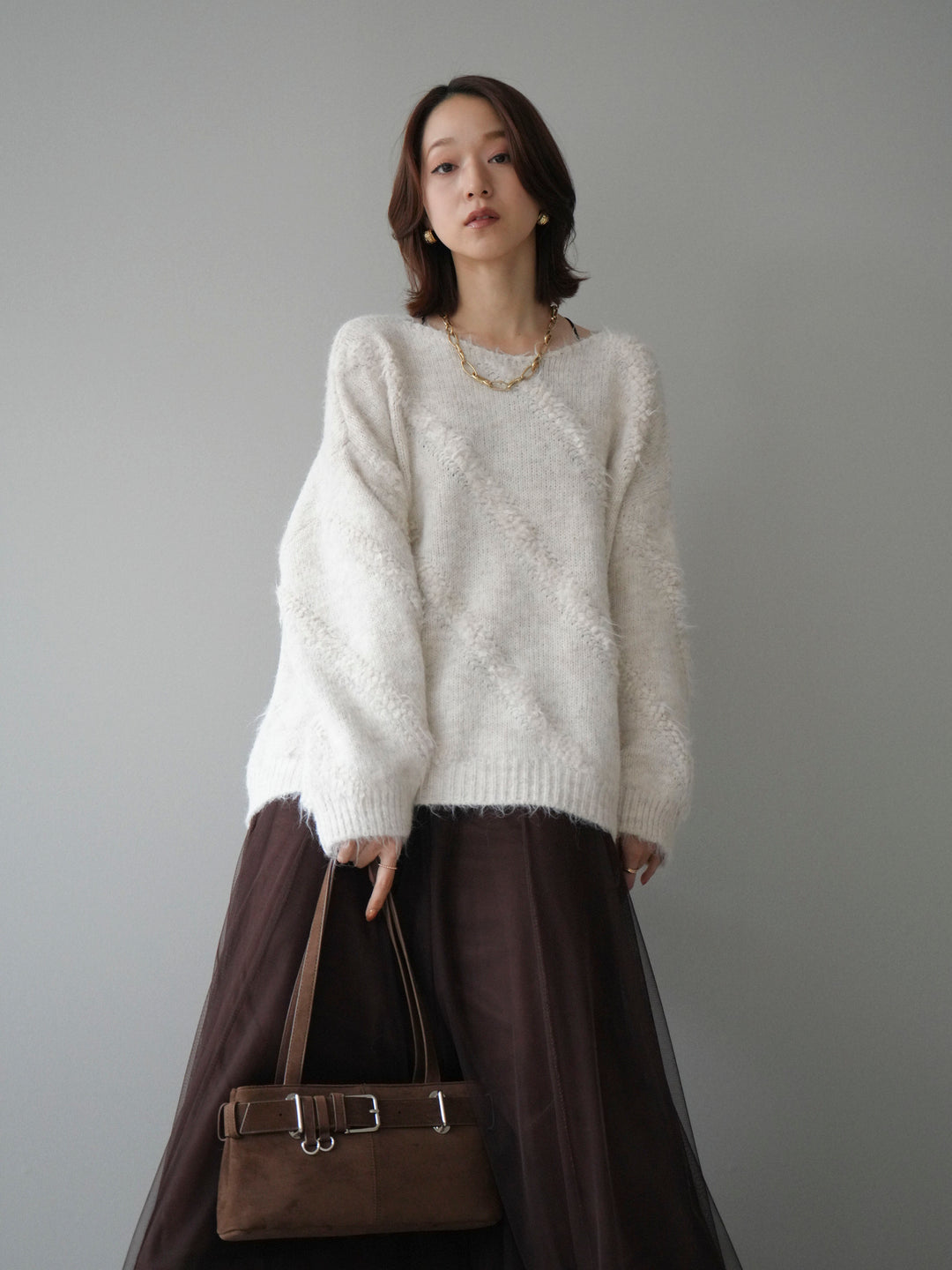 [予約]ブークレラインデザインニットプルオーバー/ivory