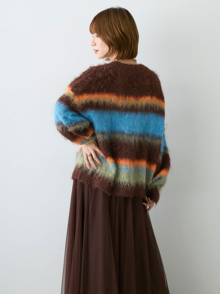 [予約]カラフルボーダーシャギーニットプルオーバー/brown