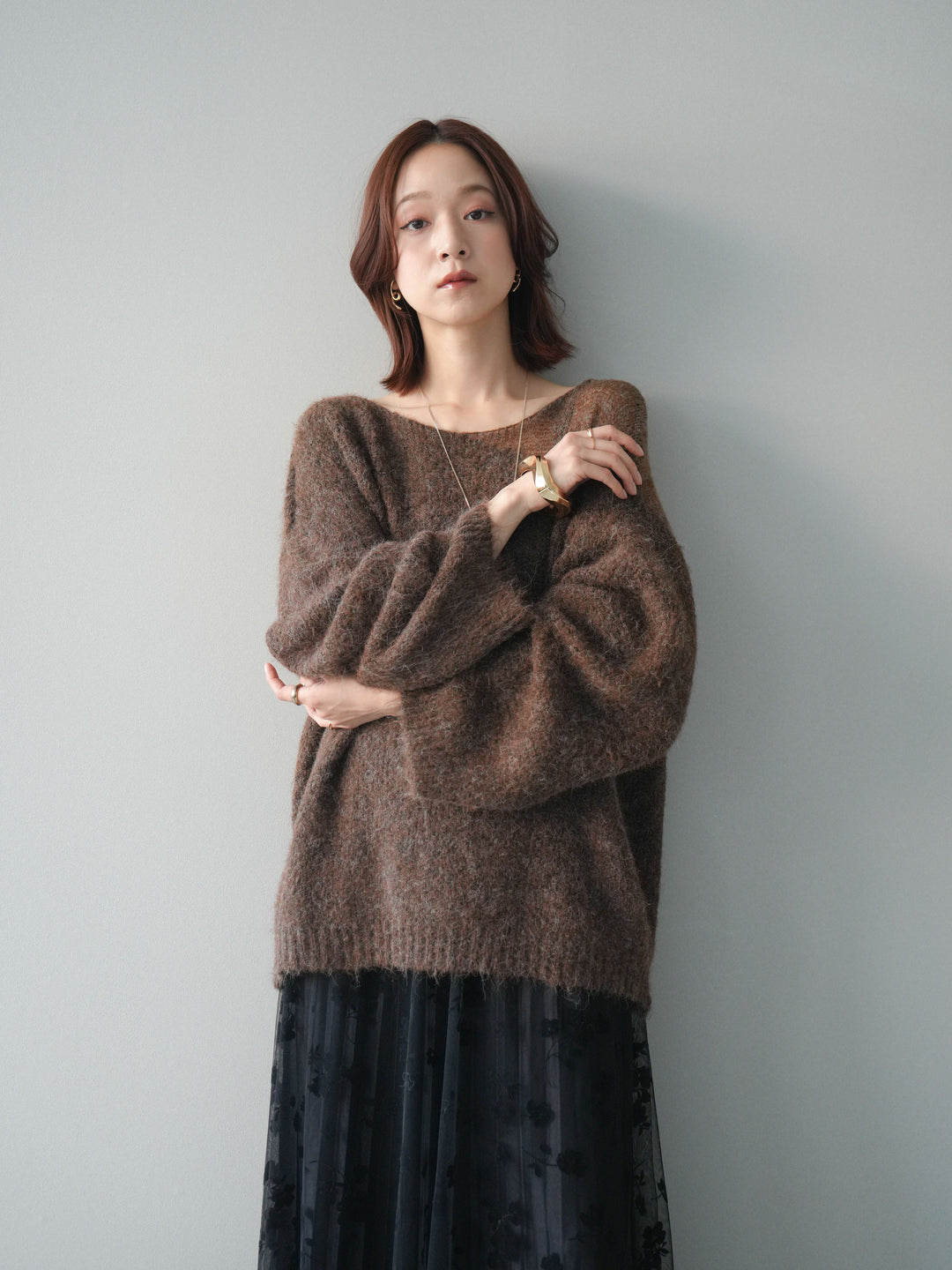 [SET]透かしデザインニットプルオーバー+フラワーフロッキーチュールプリーツスカート(2set)