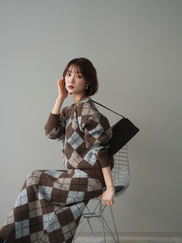 [SET]アーガイルニットプルオーバー&ロングスカートSET UP+選べるアクセセット(2set)