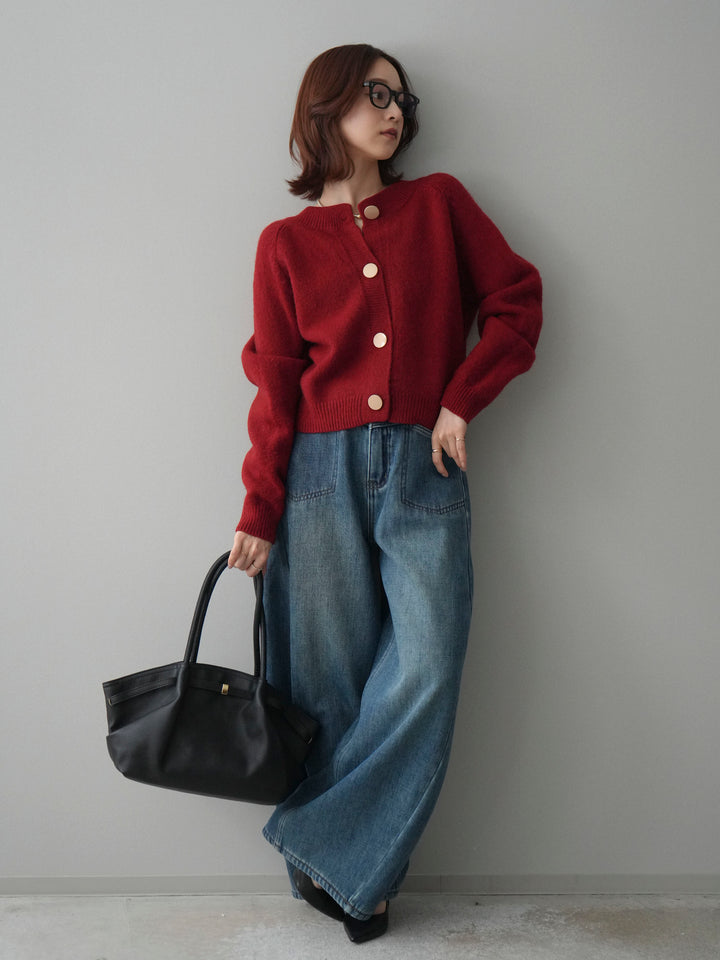 [SET]BIGボタンニットカーディガン+ベルト付裏起毛カーブデニムパンツ(2set)