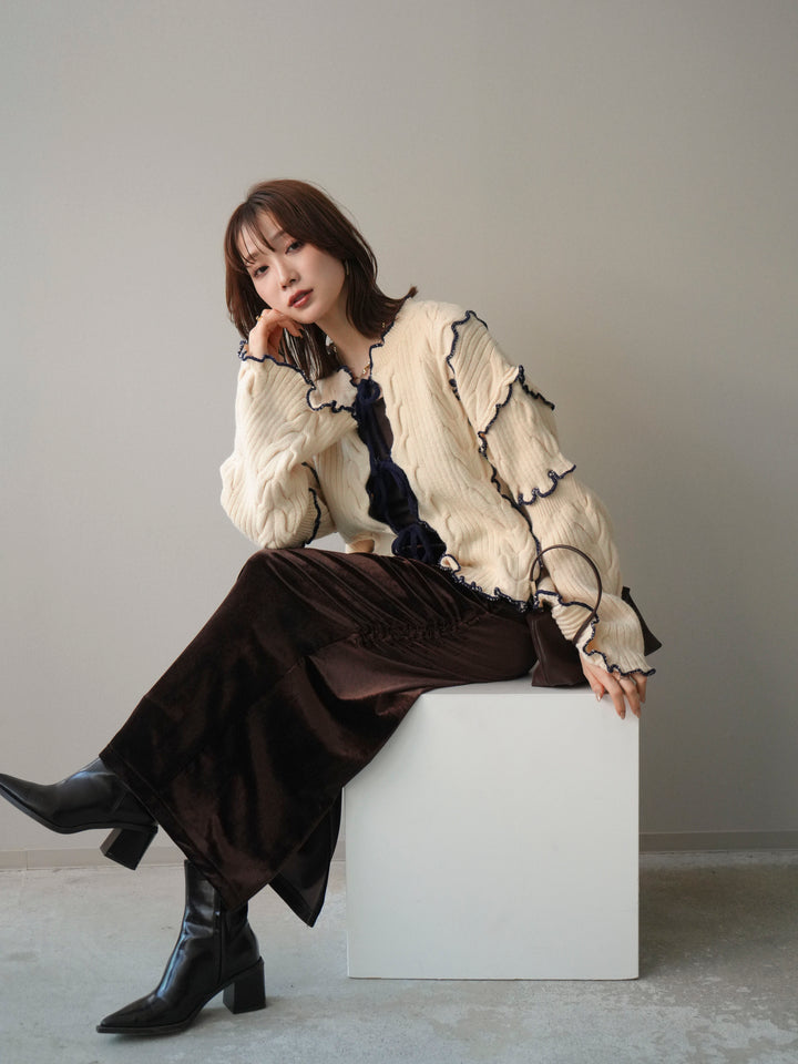 [予約]フロントリボン配色メローニットカーディガン/ivory