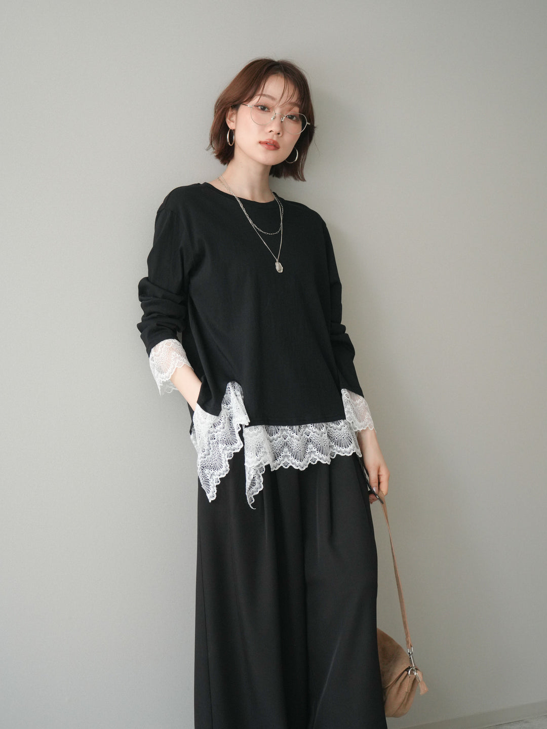 [予約]裾レースコンビカットソー/black