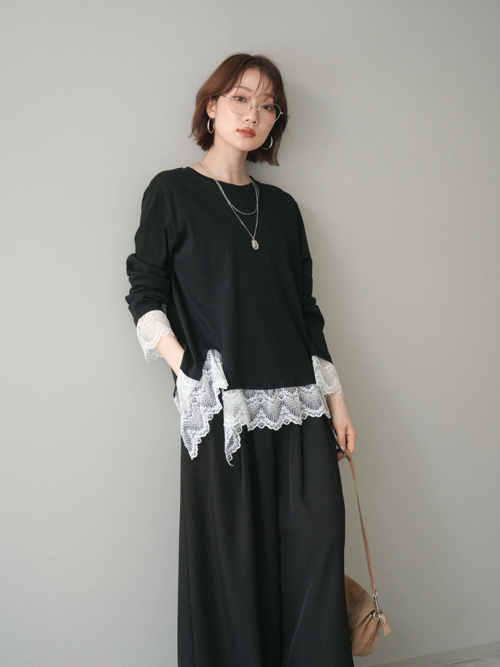 [予約]裾レースコンビカットソー/black