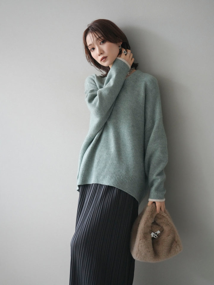 [SET]Vネック配色スリーブニットプルオーバー+選べるアクセセット(2set)