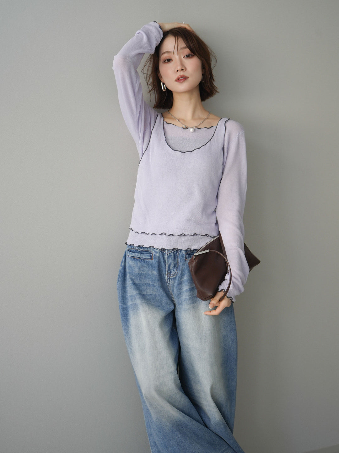 [SET]バイカラーメローアンサンブルシアーニットトップス+フロントポケットサイドタックワイドデニム(2set)