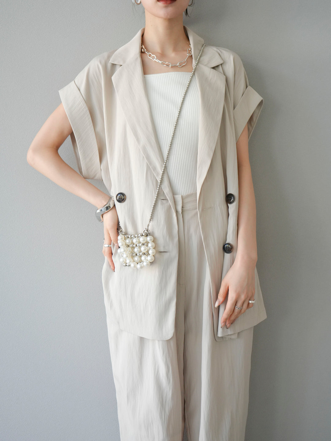 [SET]リネンライクノースリーブダブルジレ+選べるアクセセット(2set)