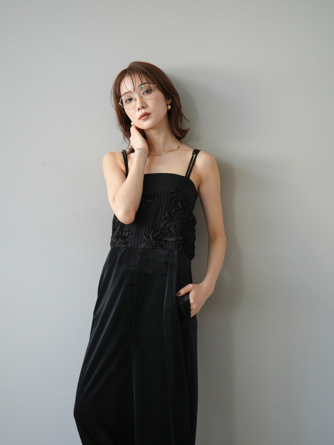 [予約]ジャガード切替ベロアサロペット/ブラック