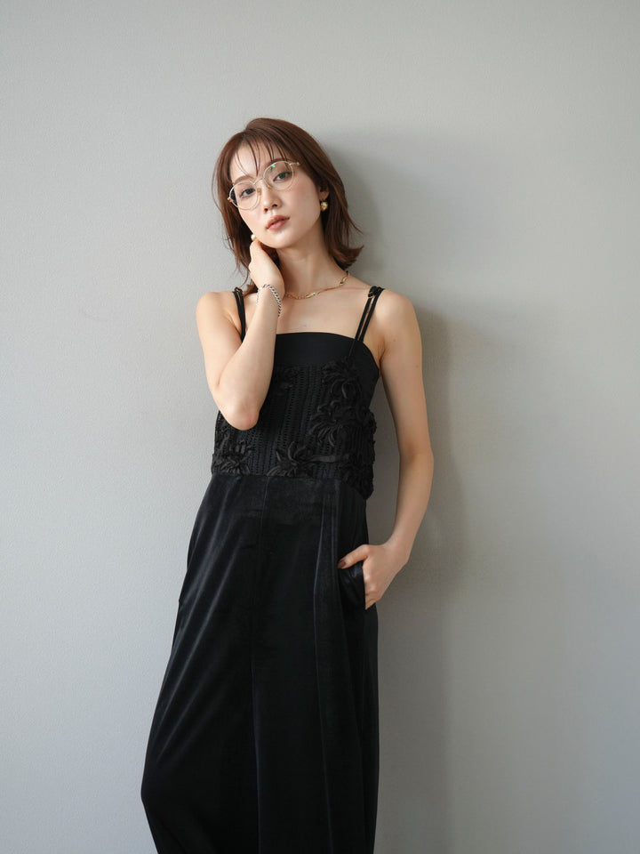 [予約]ジャガード切替ベロアサロペット/ブラック