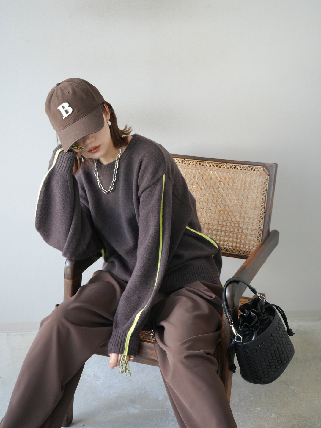 [予約]配色ステッチフリンジニットプルオーバー /ブラウン