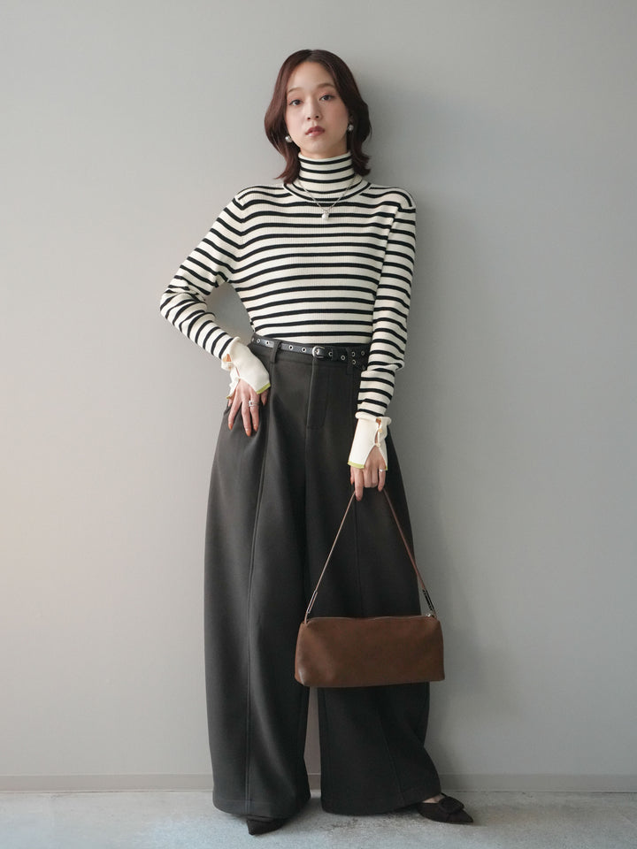 [SET]袖配色ハイネックボーダーリブニットトップス+ベルト付き裏起毛ワイドパンツ(2set)
