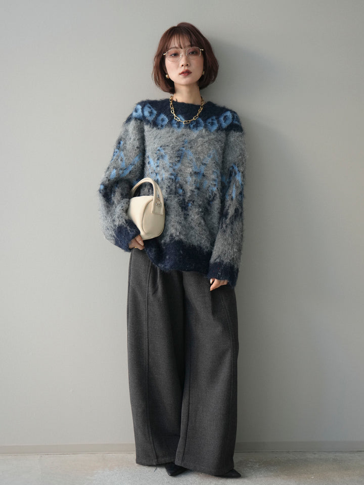 [SET]シャギーニュアンス柄ニットプルオーバー+ベルト付起毛コクーンパンツ(2set)