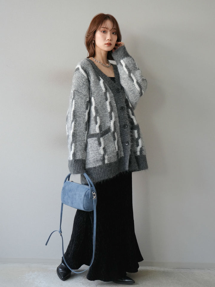 [SET]バイカラー編み込みデザインニットカーディガン+ベロアプリーツナロースカート(2set)