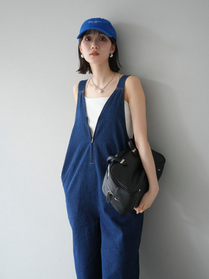 [予約]フロントZIP Vネックデニムサロペット/インディゴ