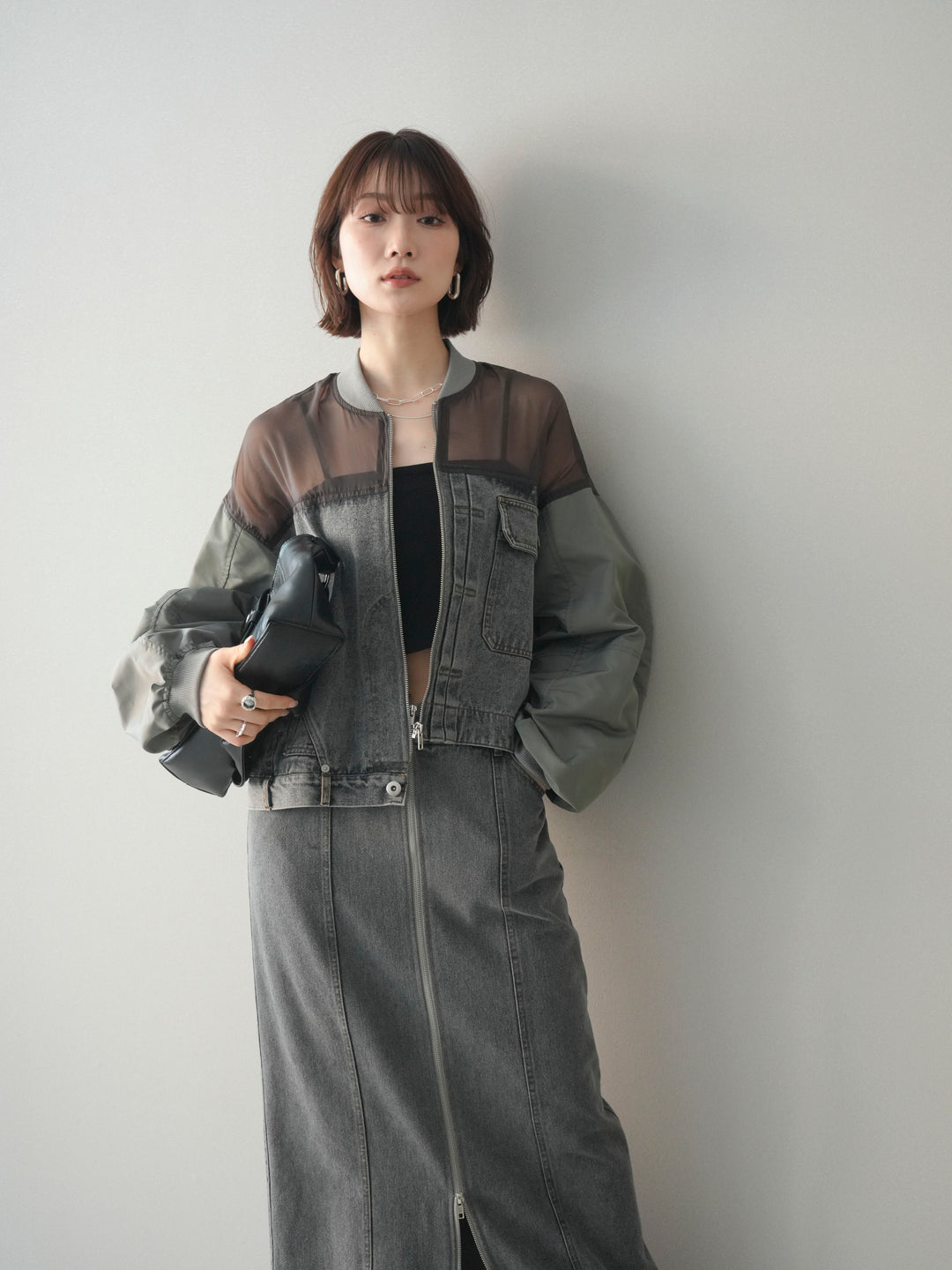 [SET]異素材デニムブルゾン+フロントジップデニムスカート(2set)